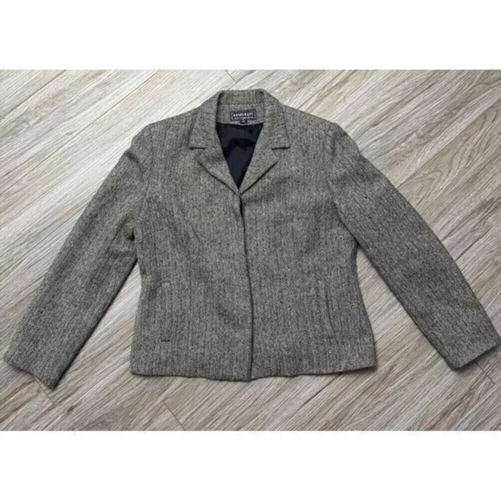 Harolds Women's 14 Grey Herringbone Blazer Jacket Hidden Button Professional